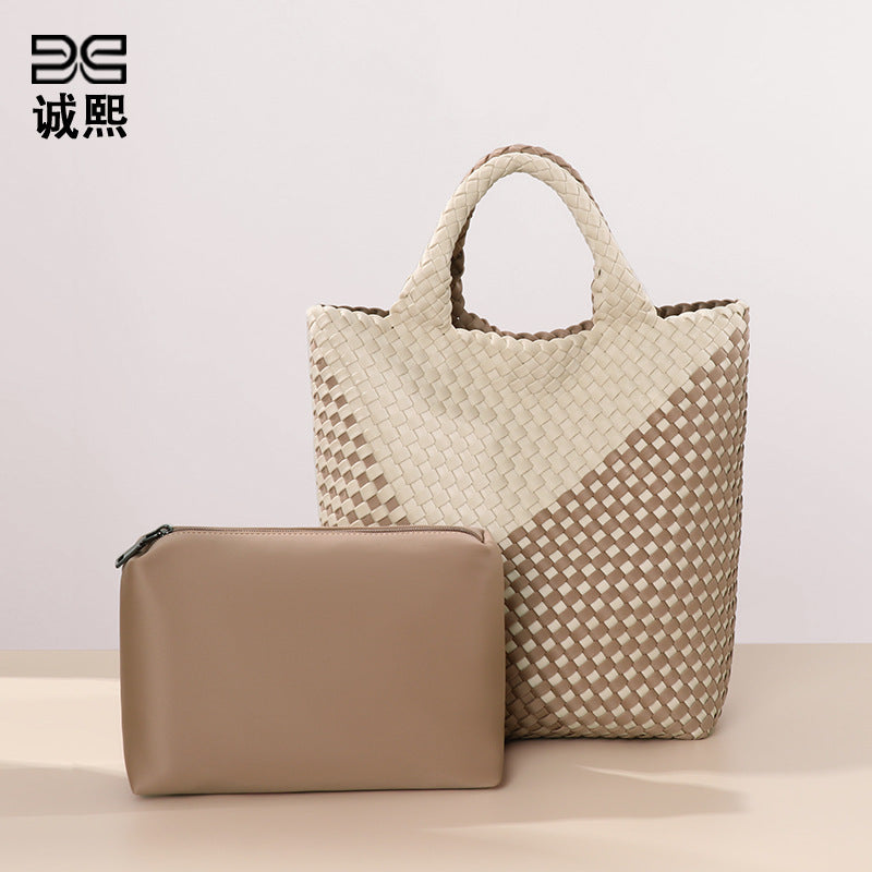 跨境新款手提编织女包工厂定制贴标拼色托特包个性潮流手拎子母包