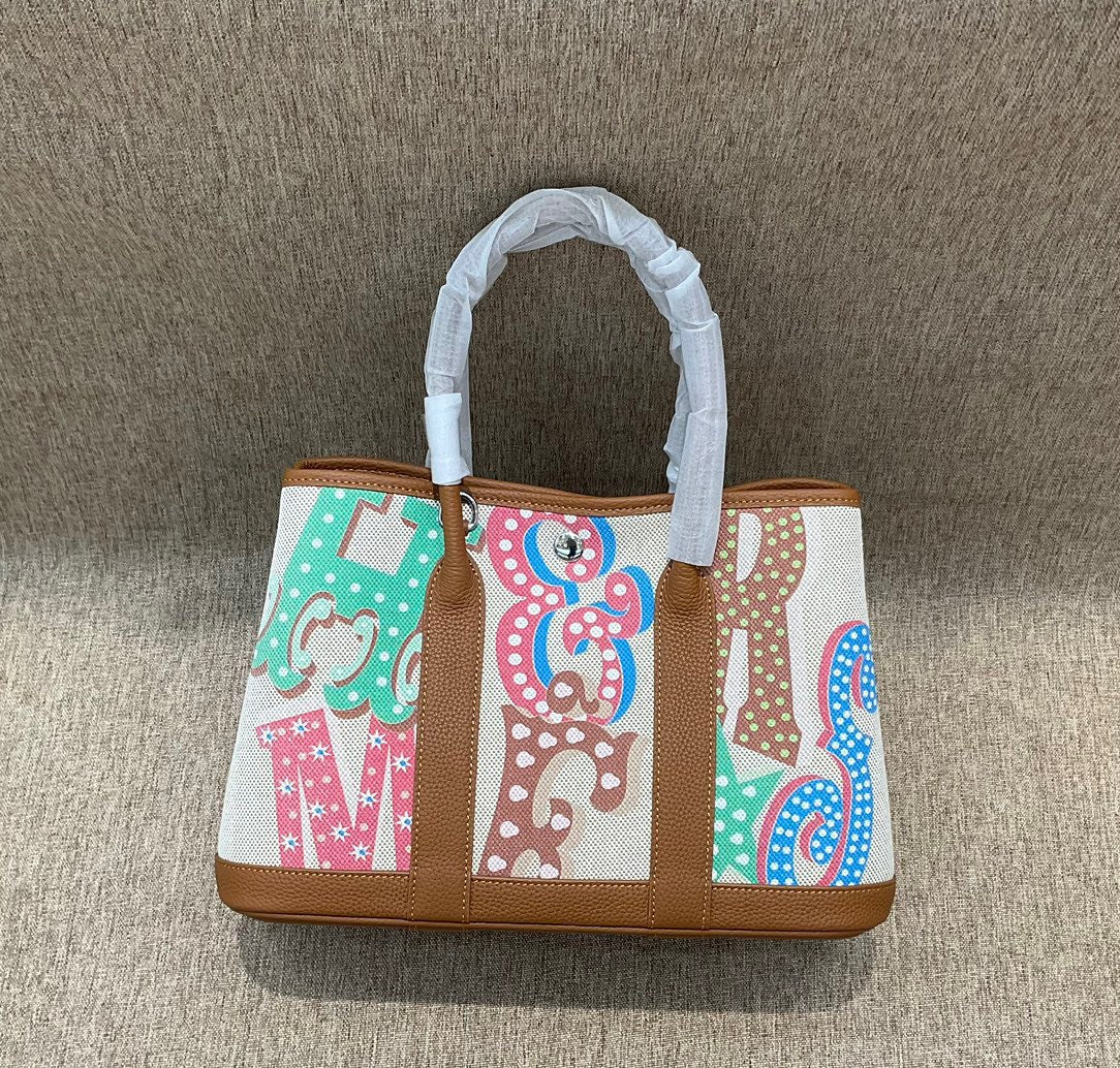 女包彩色腋下菜篮子牛皮拼帆布托特大容量撞色单肩双肩斜挎花园