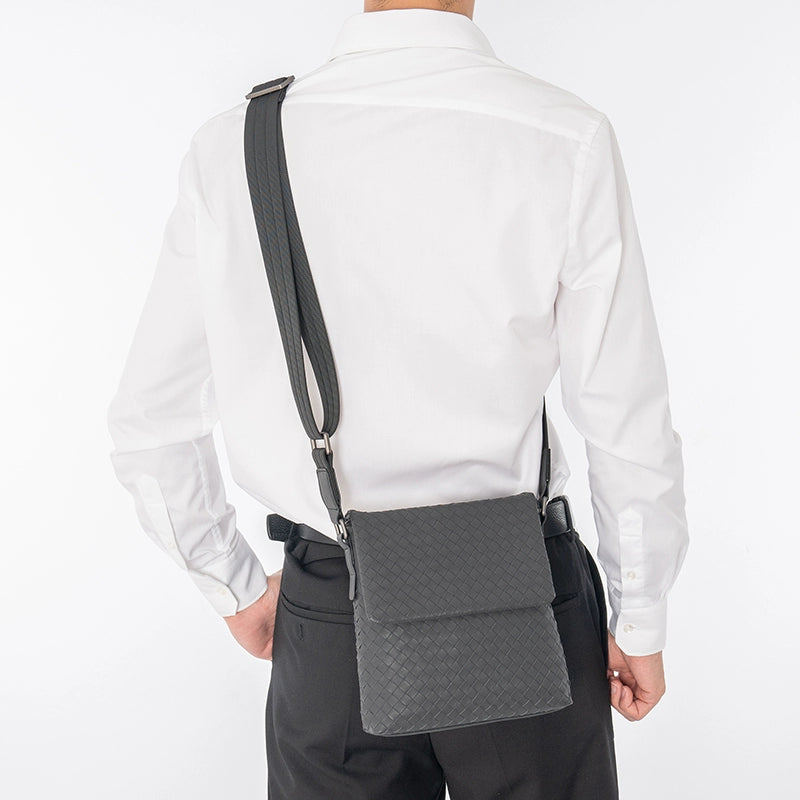 X&BV男士单肩包真皮休闲商务竖款翻盖编织小背包男包斜跨包潮牌包
