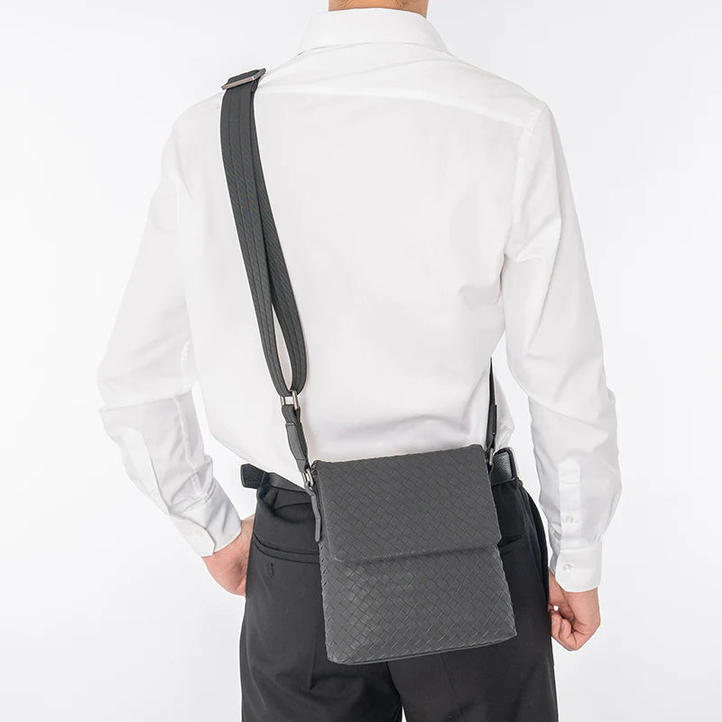X&BV男士单肩包真皮休闲商务竖款翻盖编织小背包男包斜跨包潮牌包