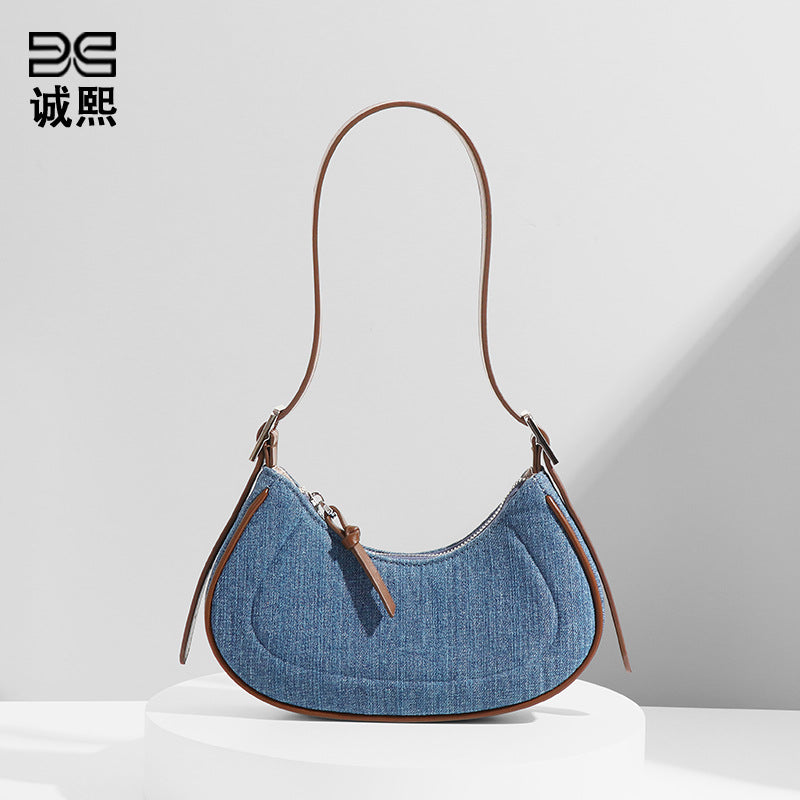 跨境欧美外单批发女包包复古高级质感撞色牛仔布单肩月牙包腋下包