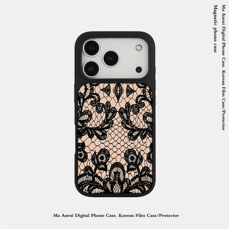外贸蕾丝花纹适用苹果16pro晶瓷手机壳iPhone17亚克力PC磨砂防摔