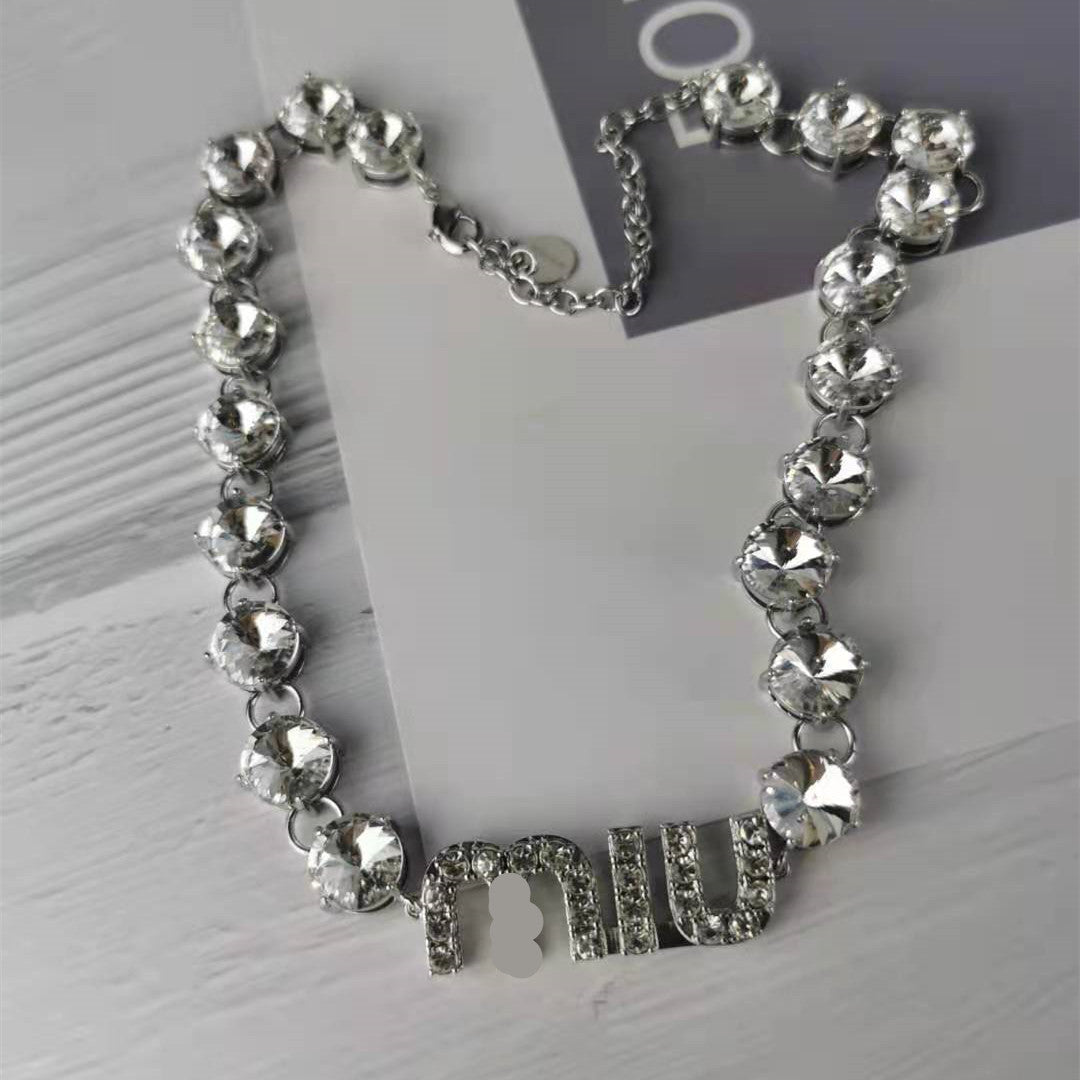 缪家手链MIU字母镶钻水晶锆石项链个性时尚高级感可调节满钻手链