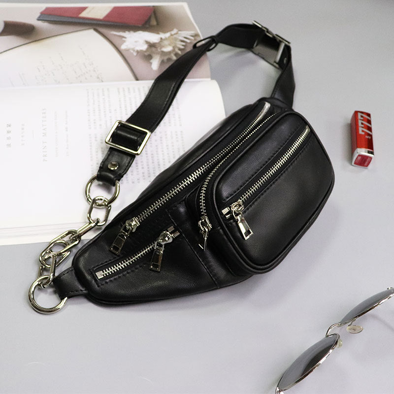 腰包女潮ins桑稚赵露思同款羊皮女胸包真皮百搭单肩斜挎链条小包