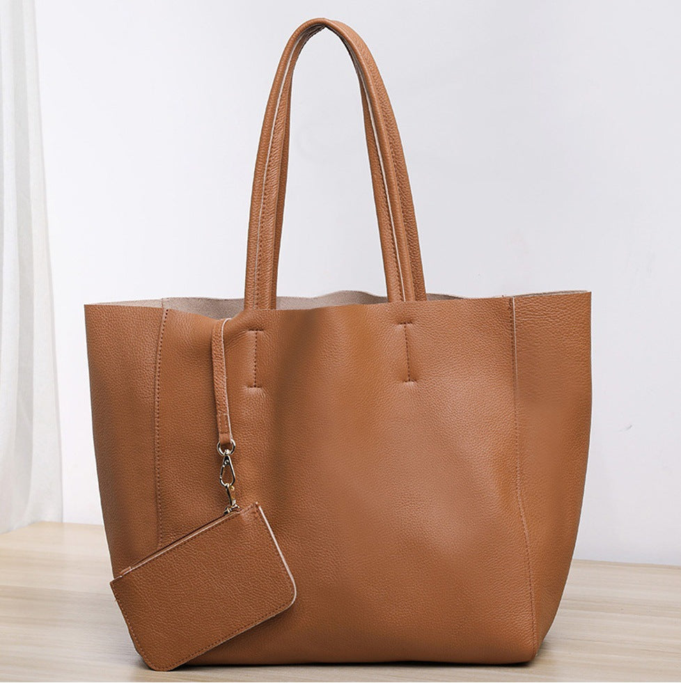 韩版大容量通勤包妈咪购物包牛皮简约真皮托特包单肩斜跨笔记本包