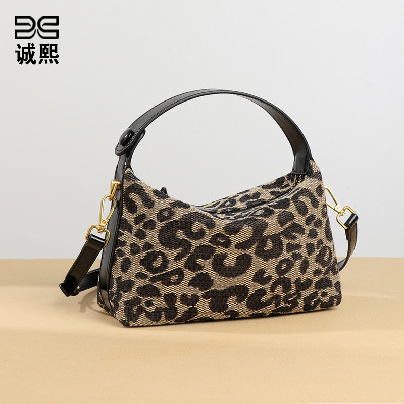 跨境豹纹秋冬新款手拎饭盒包复古大容量单肩斜挎包高级感休闲女包