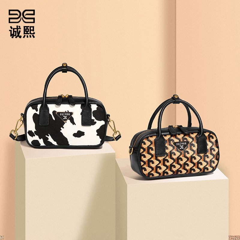 秋冬新款高级感豹纹手提包时尚百搭马毛包包质感通勤单肩斜挎女包