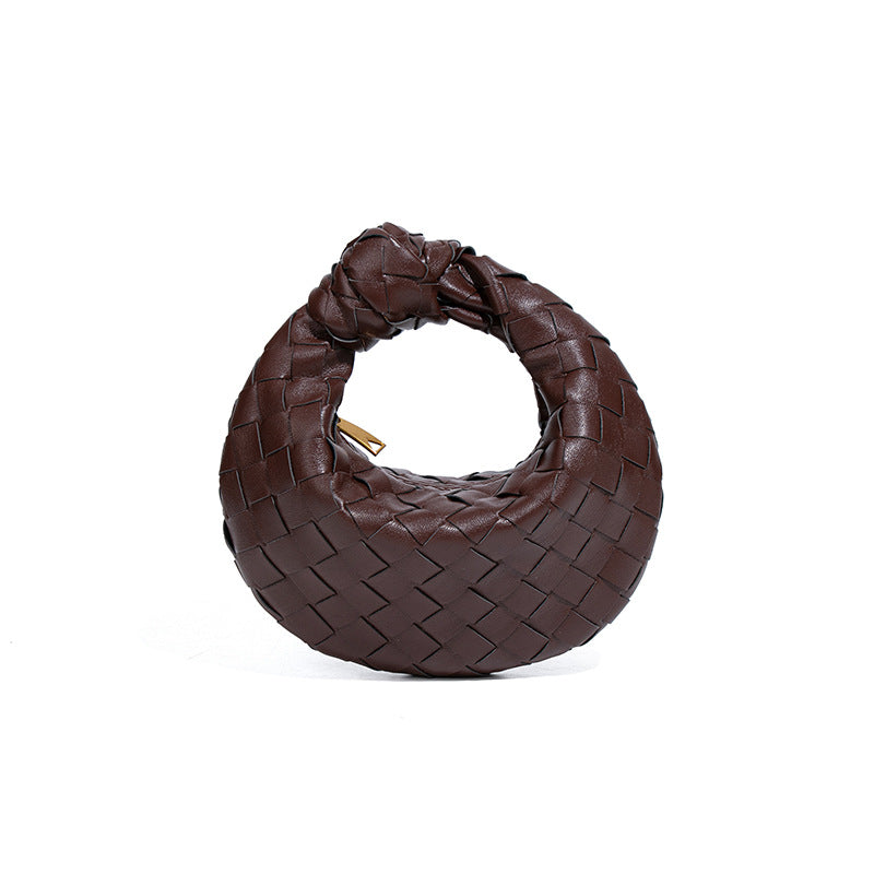 外贸新品时尚手拎饺子包打结手工编织女包百搭mini质感纯色牛角包