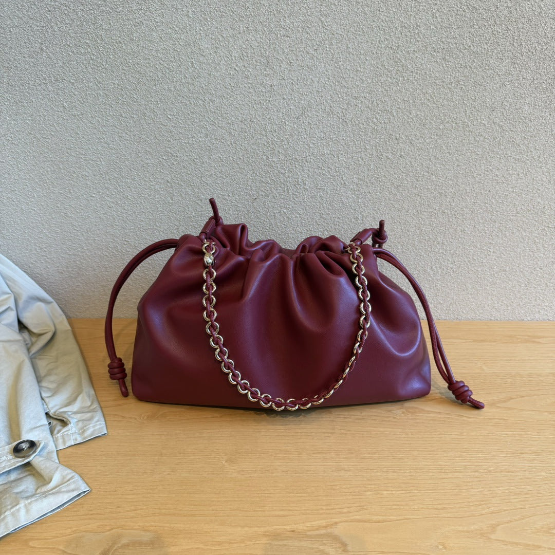 真皮云朵包2024新款时尚单肩包链条牛皮抽带包包斜挎包软皮手拿包