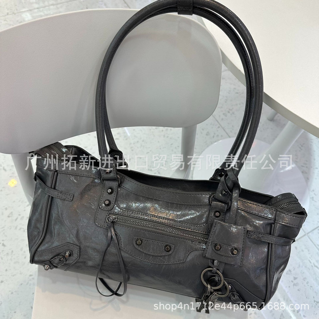 跨境新爆款B家lecity横款法棍铆钉流苏单肩包手提包包时髦简约女