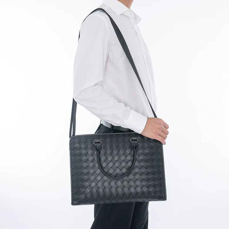 X&BV公文包男真皮横款大容量编织商务单肩斜挎包男休闲男士手提包