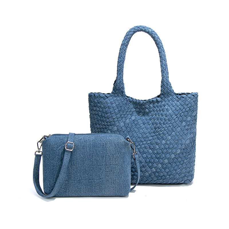 韩版牛仔布手工编织包包高级感单肩斜挎腋下包手提菜篮子母托特包