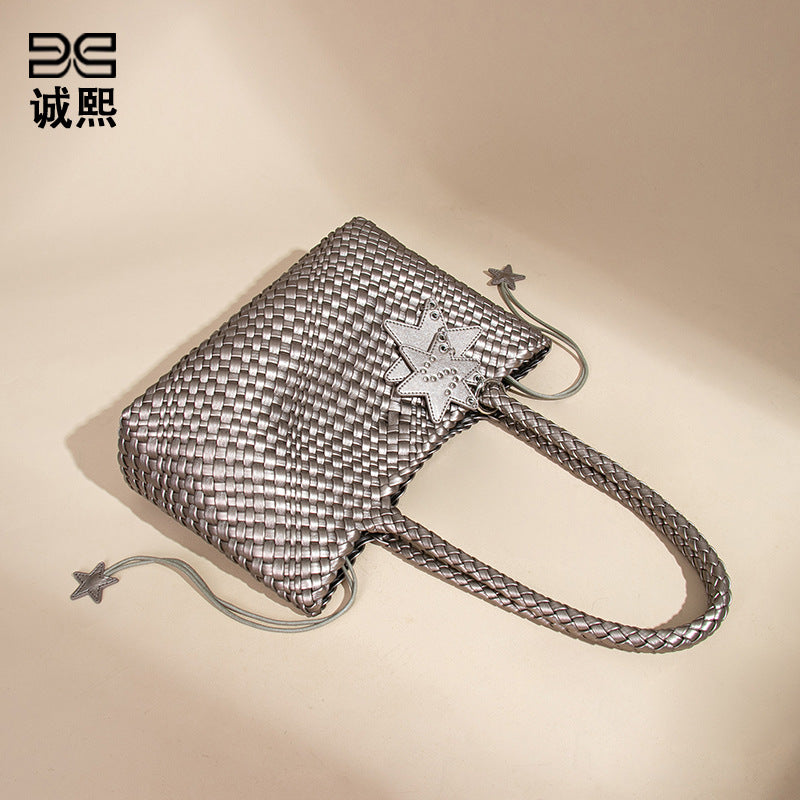 跨境新款枪枪手工编织女包潮流单肩腋下包质感休闲手拎子母托特包