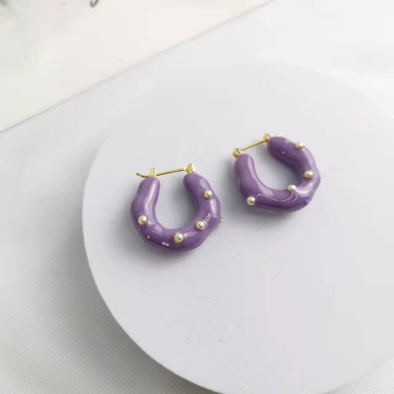 CELI家21新款U形几何紫色珐琅耳环女高级感气质港风拼色耳扣