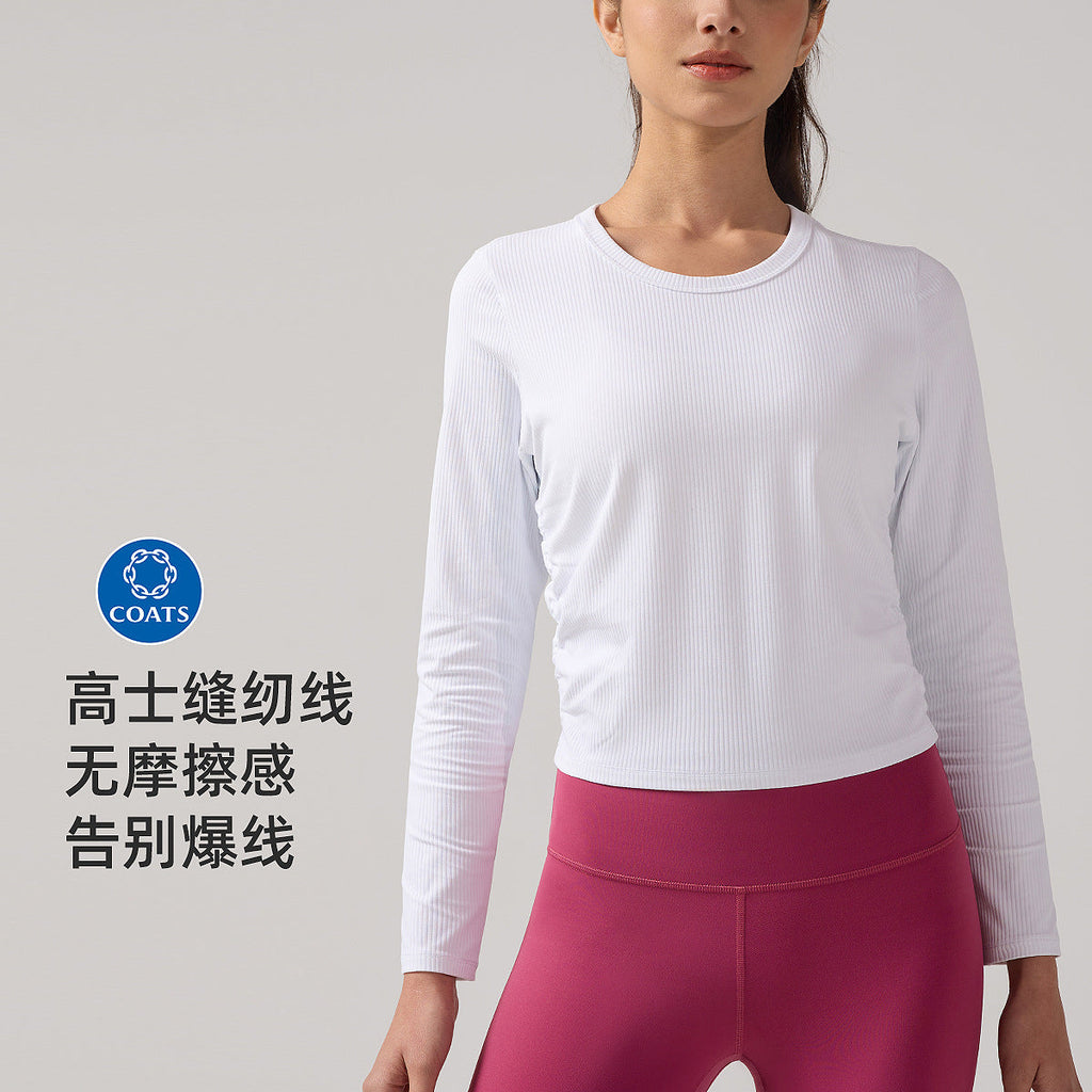 lulu高弹力罗纹长袖瑜伽服女褶皱显瘦健身T恤透气运动衫休闲上衣