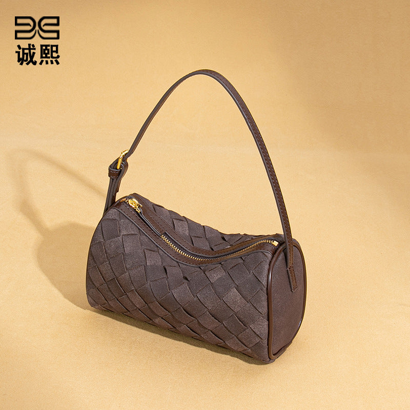 工厂批发磨砂新款手提包麂皮绒潮流单肩腋下包手工编织斜跨枕头包