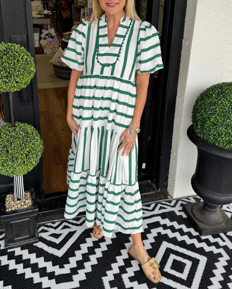 欧美跨境2025夏季新款女装条纹长款拼接连衣裙