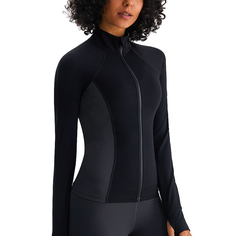 修身瑜伽服女拼色显瘦秋季健身长袖立领防风上衣磨毛裸感运动外套