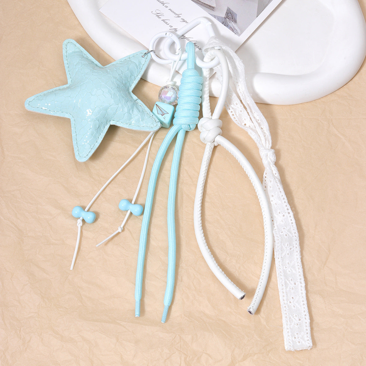 新款miu系丝带亮面皮革五角星小众包包挂件钥匙扣挂绳饰品串珠挂