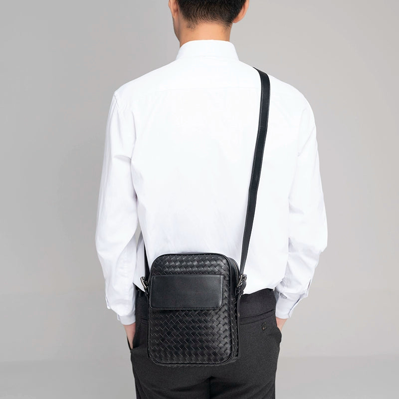 X&BV单肩包男真皮休闲青年潮男竖款牛皮编织斜挎包男士时尚小背包