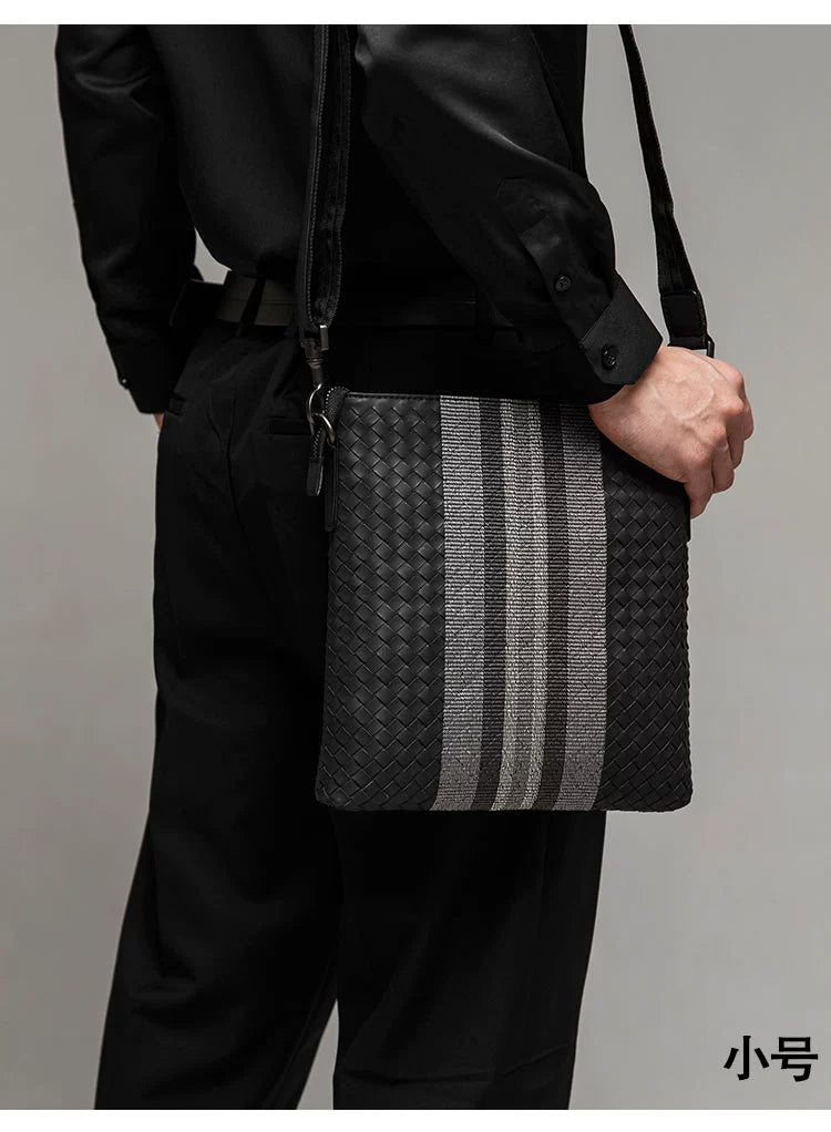 X&BV单肩包男真皮休闲男士斜挎包新潮竖款时尚牛皮编织男包小背包