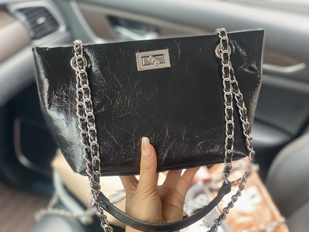 新款爆裂纹头层牛皮小香风链条女包杨树林流浪包单肩斜挎包女潮包