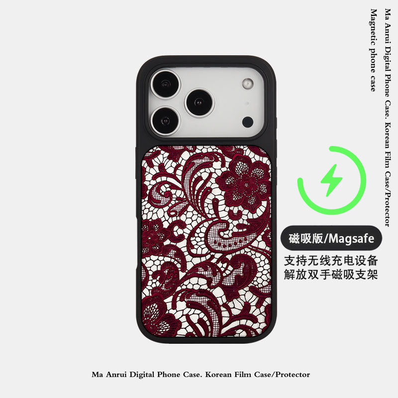 外贸蕾丝花纹适用苹果16pro晶瓷手机壳iPhone17亚克力PC磨砂防摔