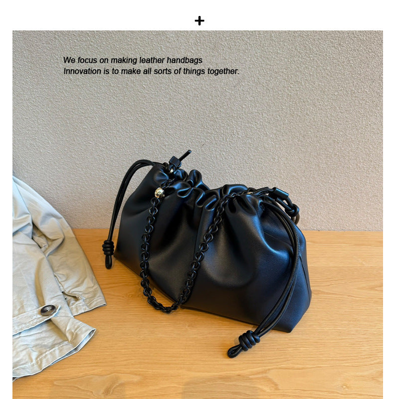 真皮云朵包2024新款时尚单肩包链条牛皮抽带包包斜挎包软皮手拿包