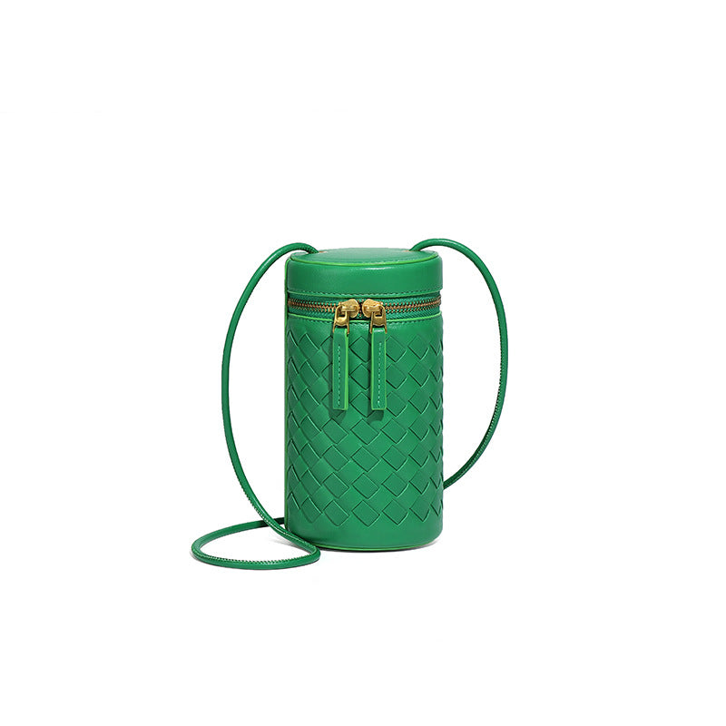 时尚简约纯色圆筒包新款百搭手工编织包包迷你可爱单肩斜挎手机包