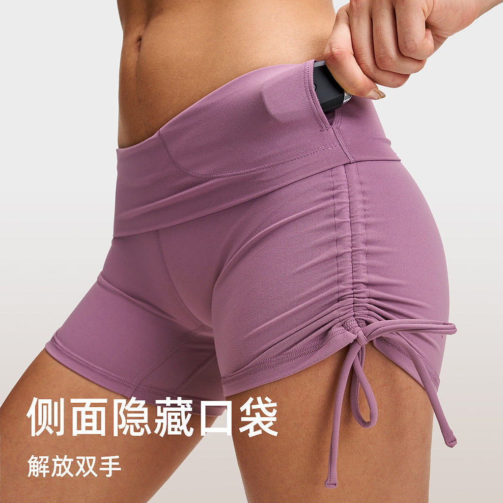 lulu瑜伽三分裤女裸感抽绳骑行热裤高腰提臀健身弹力运动紧身短裤