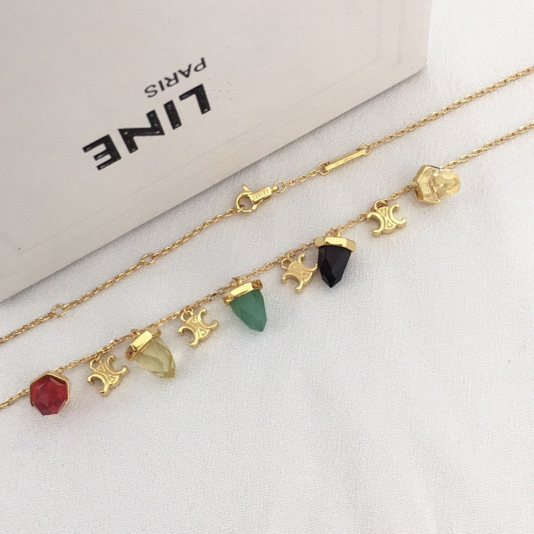赛家新款彩色凯旋门琉璃项链女高级感个性气质黄铜镀金锁骨链