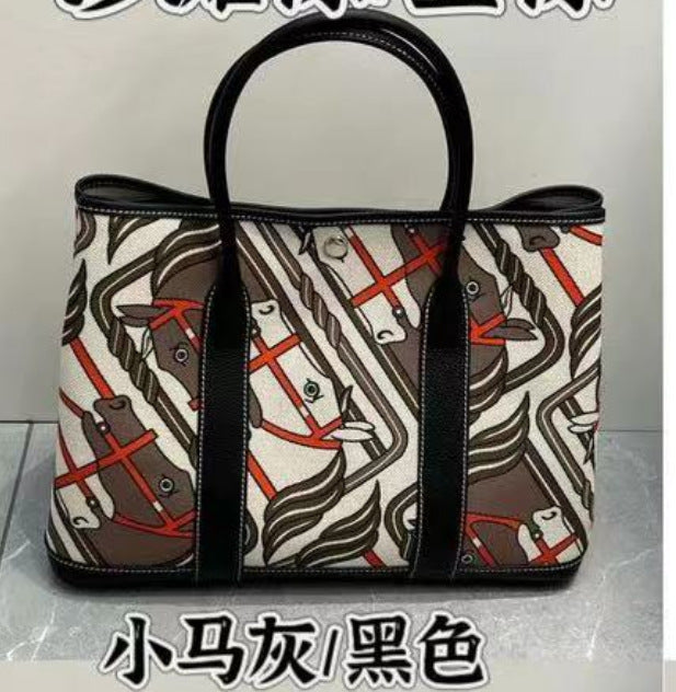 36寸涂鸦彩绘帆布拼接牛皮花园包2024新款大容量托特包单肩手提