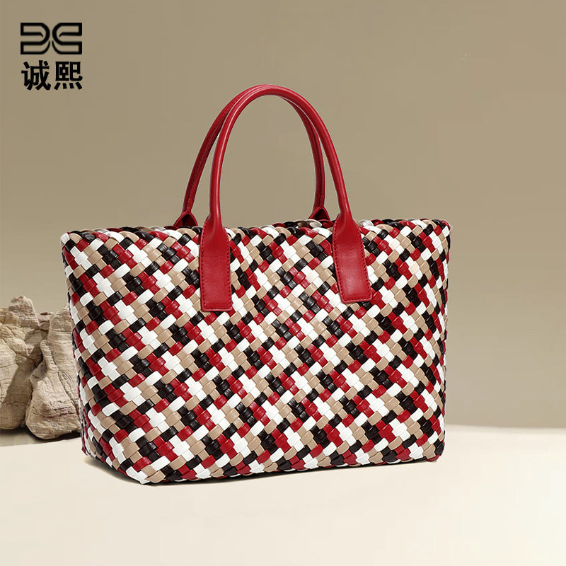 时尚欧美潮流彩色手工编织包大容量托特包手提女包个性百搭子母包