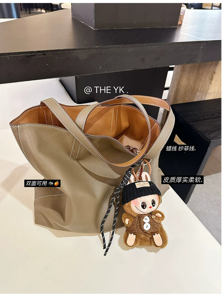 真皮女包秋冬撞色双面牛皮托特包女大容量通勤女包单肩腋下购物袋