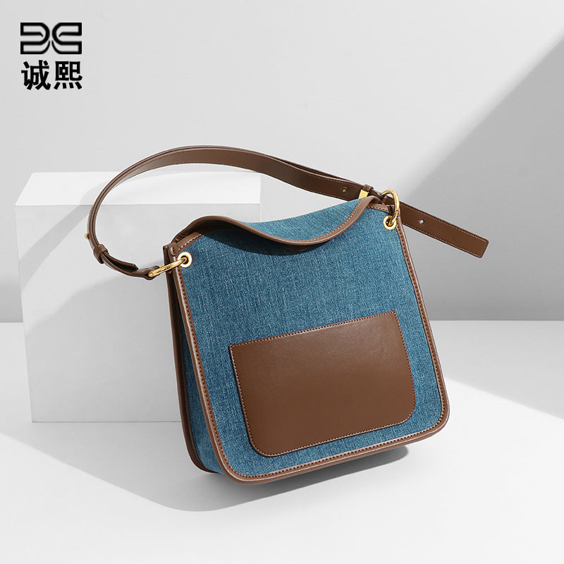 小众设计原创包包女牛仔布撞色复古大容量背包托特包单肩包斜挎包