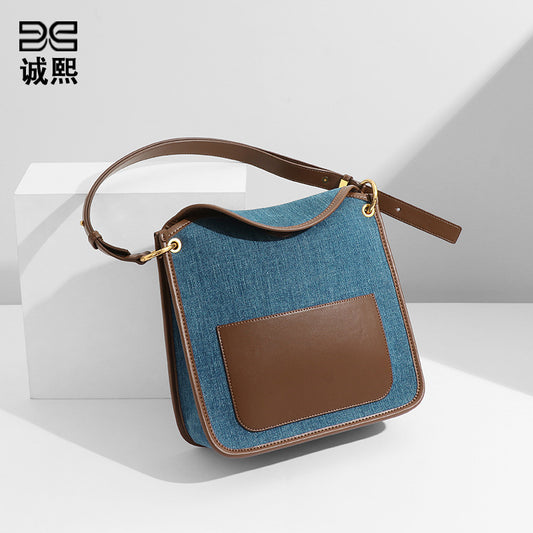小众设计原创包包女牛仔布撞色复古大容量背包托特包单肩包斜挎包