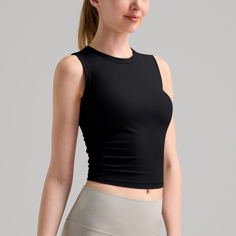 lulu罗纹运动背心女双侧皱褶修身高领显瘦上衣无袖速干健身瑜伽服