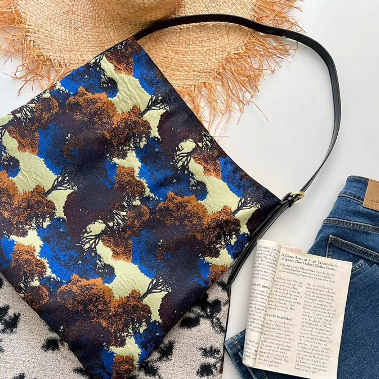 法式松弛感~复古时髦神秘森林油画印花双面单肩休闲背包托特女包