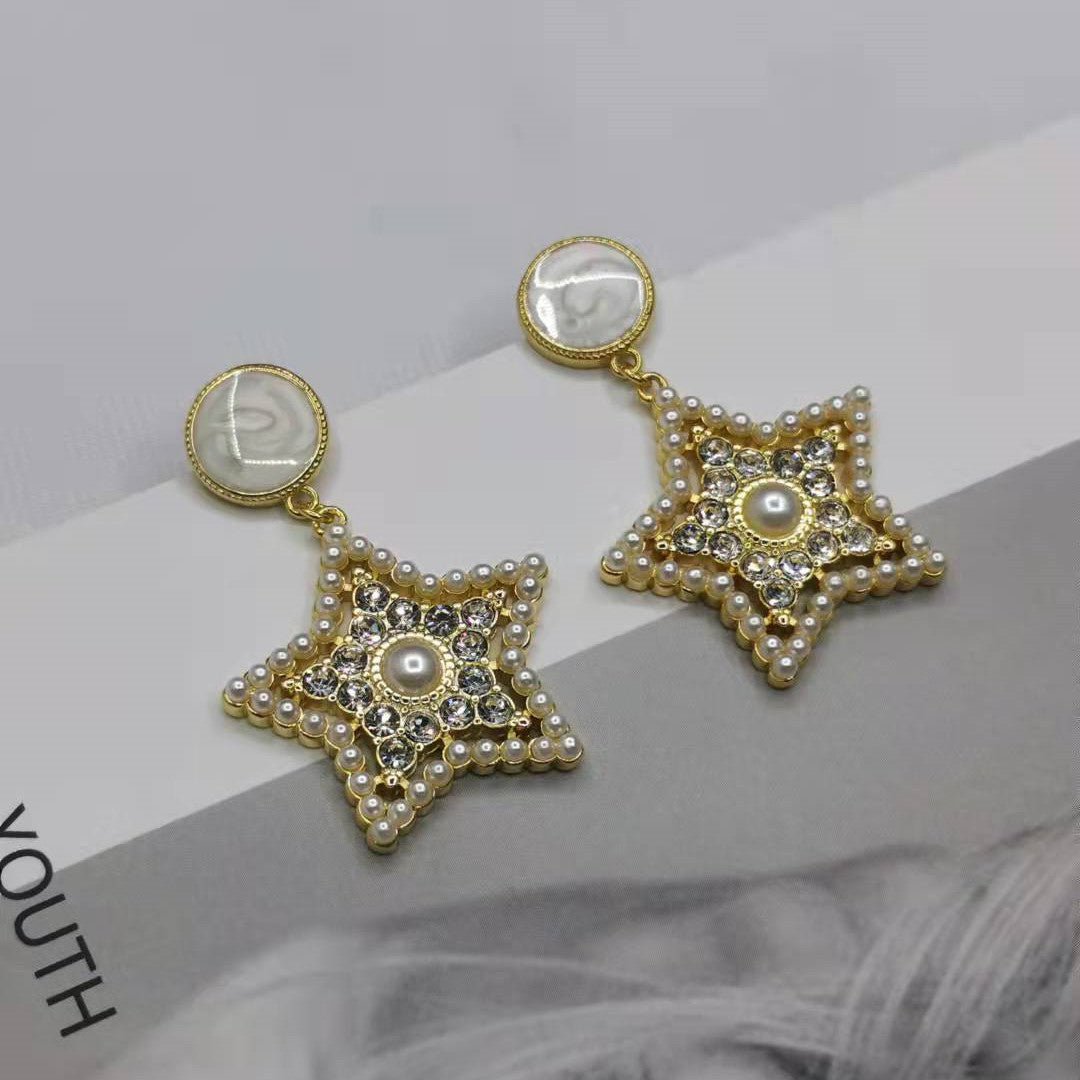 缪家21新款仿水晶珍珠五角星耳坠耳钉女高级感气质满钻星星形耳钉