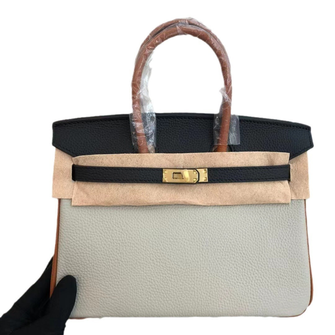 欧洲站真皮女包撞色铂金包荔枝纹头层牛皮手提包简约单肩斜挎包包