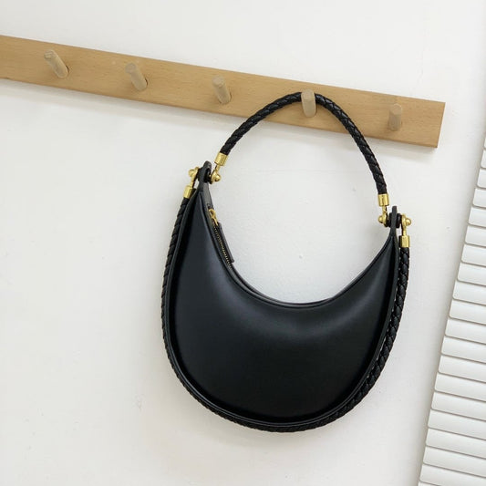 跨境爆款2025新款真皮编织手拎包时尚通勤新月包单肩斜挎半月包