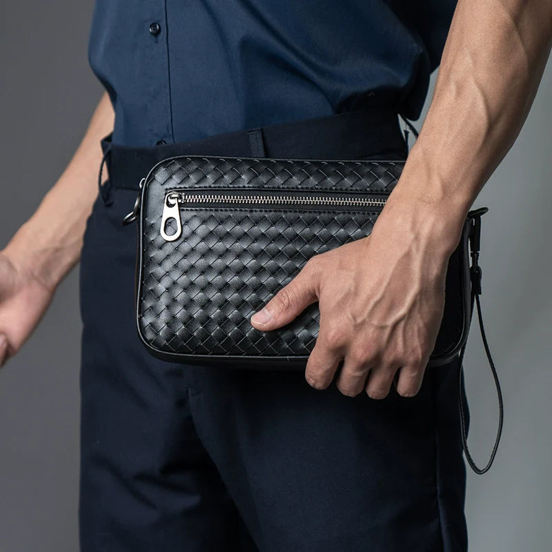 x&bv单肩包男真皮斜挎包休闲横款小背包多功能编织男包手拿包手包