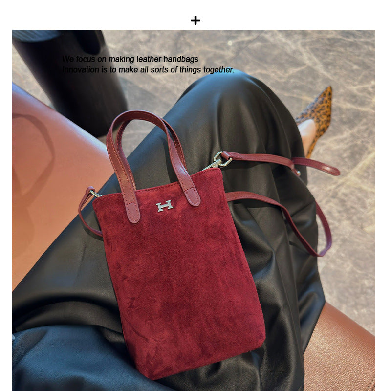 小众头层磨砂皮手机包麂皮绒面单肩斜挎包简约时尚女包轻便小包包