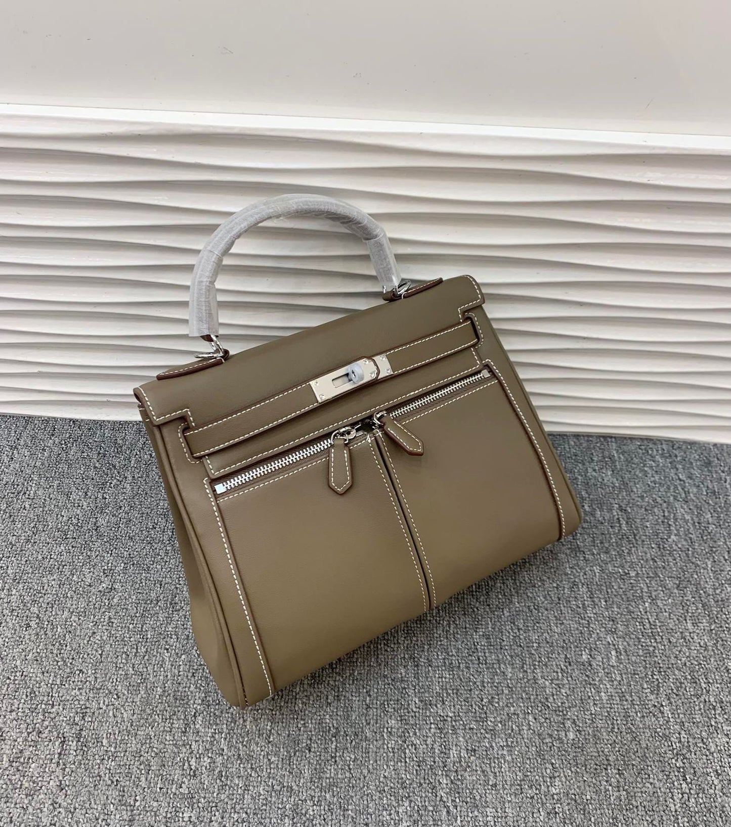 真皮复古双口袋凯莉包包女高级感大容量手提包百搭通勤单肩斜挎包