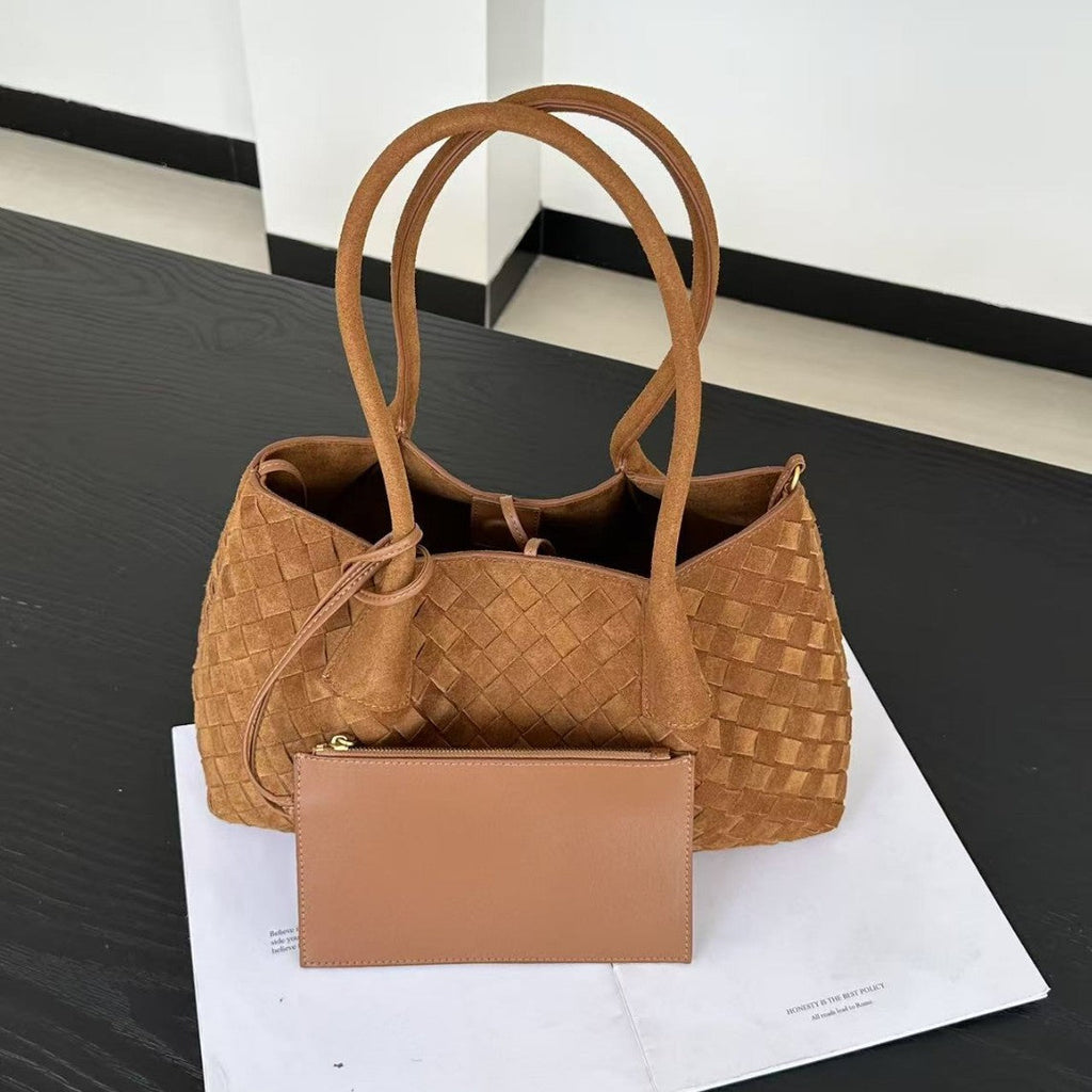 中号34cm跨境磨砂皮编织托特包秋冬复古大容量手提包单肩腋下女包