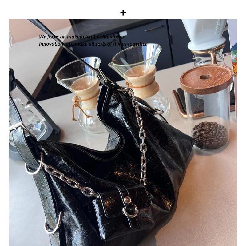 质感牛皮托特包女大容量机车包黑色通勤大包包斜挎单肩水桶包真皮