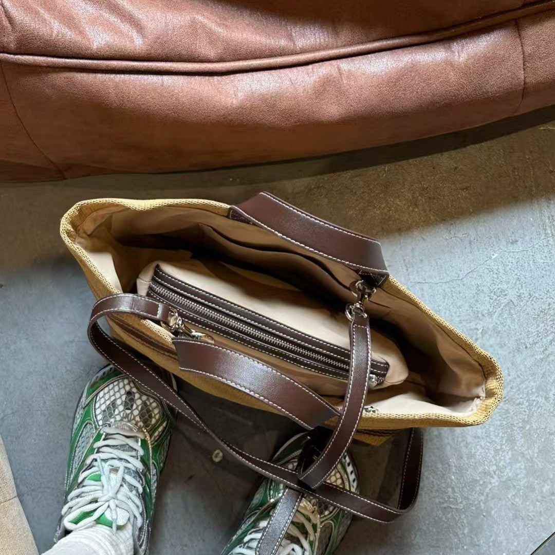 草编包日系网红款复古新款牛皮单肩包大容量托特包条纹手提斜挎包