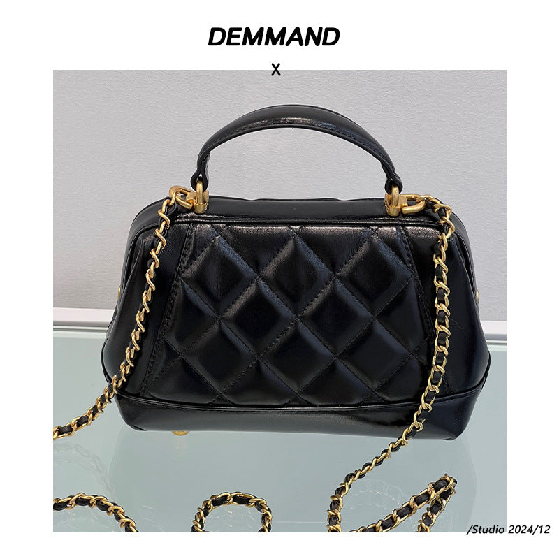 小香风菱格链条包油蜡头层牛皮复古斜挎包小包通勤夹子医生手提包