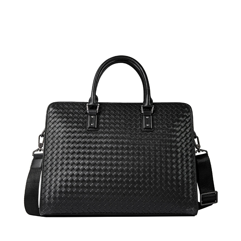X&BV男士手提包商务真皮大容量青年横款编织男包公文包单肩斜挎包
