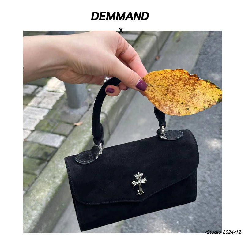 2024夏季新款小众十字架麂皮小方包牛皮手提斜挎包女时尚保龄球包